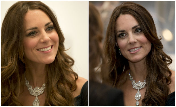 Kate Duchess of Cambridge talks to guests at a fund raising gala at the National Portrait Gallery in London on Tuesday. The Duchess is wearing a dress by British designer Jenny Packham and a necklace on loan from Queen Elizabeth II that was given to Kate Duchess of Cambridge talks to guests at a fund raising gala at the National Portrait Gallery in London on Tuesday. The Duchess is wearing a dress by British designer Jenny Packham and a necklace on loan from Queen Elizabeth II that was given to